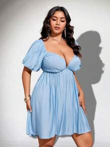 Viva Relle 大码纯色心形领口露背系带短袖夏季连衣裙