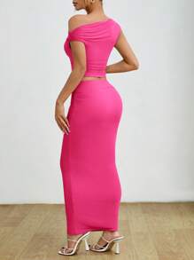 SHEIN PETITE Asymmetric Neck Ruched Blouse And Skirt 2Pcs Suit Set - Hot Pink - View 2