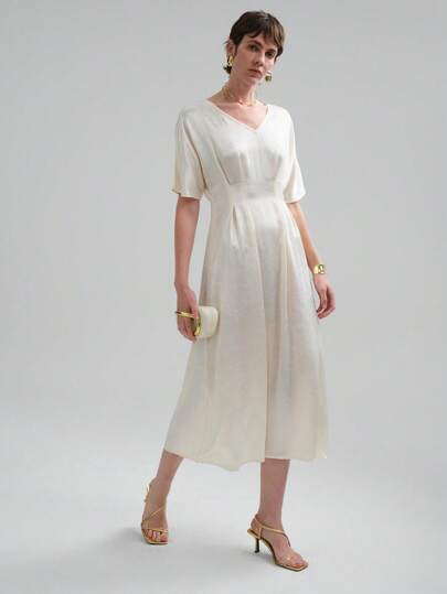 Aalyst Vestido con cuello en V de satén con textura arrugada vintage