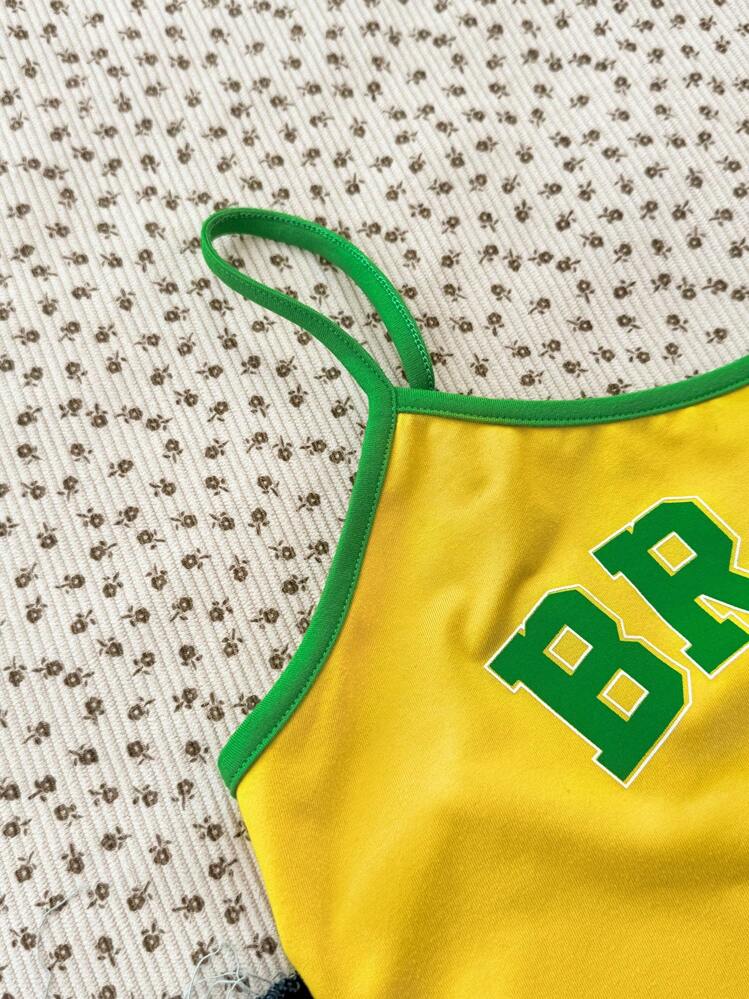 TEENGIRL Vibrant Brazil Graphic Print Contrast Color Casual Camisole Tank Top, Fitted Sports Leisure Crop Top, Suitable For Summer - Yellow - View 5