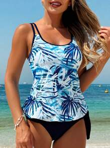 Swim Lushoire Ladies' 2 Pieces Casual Beach Swimwear Set, Multicolor Random Printed Swimwear Top And Solid Color Pants For Summer Beach Vacation - Blue - View 6