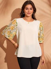 EMERY ROSE Blusa informal de manga corta con encaje floral para mujer talla grande, ideal para vacaciones - Blanco - Ver 2