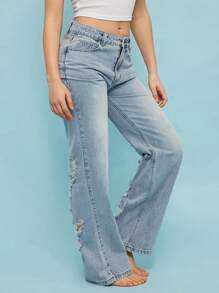 SHEIN Unity Denim Mid Rise Light Wash Back Distress Straight Jeans Concert Western Country Festival Event Pants Thanksgiving Christmas NYE New Years Eve For Women - Light Wash - View 3