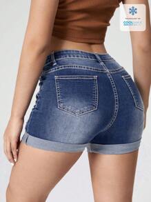 SHEIN Essnce Women's Ripped Denim Shorts, Minimalist Fashion, Suitable For Summer