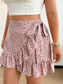 Ceyna Plus Size Ditsy Floral Ruffle Hem Fitted Wrap Mini Skirt, Romantic Holiday Style - Apricot - View 5