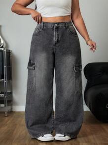 SHEIN ICON Jeans Vaqueros Cargo Casuales Holgados de Pierna Ancha y Versátiles para Mujer de Talla Grande
