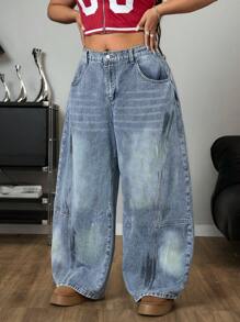 SHEIN ICON Plus Size Women Casual Distressed Loose Side Pocket Denim Jeans