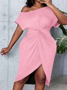 SHEIN Clasi Plus Size Elegant Solid Color Asymmetrical Neck Twist Waist Slit Dress, Summer - Pink - View 4