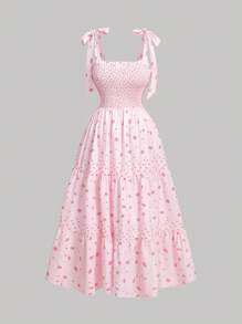 SHEIN MOD 加大码粉色碎花波西米亚风连衣裙：无袖褶皱梭织面料连衣裙，配有系带和荷叶边下摆 - 粉色 - 查看 1