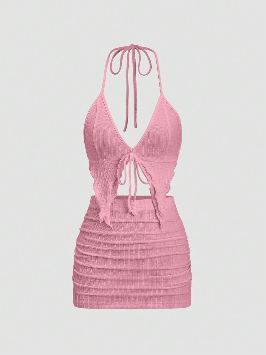 EgrlEra Women's Black Y2K Sexy Sequins 2pcs Deep V-Neck Tie Front Camisole & Mini Skirt Set. Suitable For New Year's Eve Parties, Valentine's Date Nights And Any Party Occasions. Cute And Flattering. - Pink - View 1