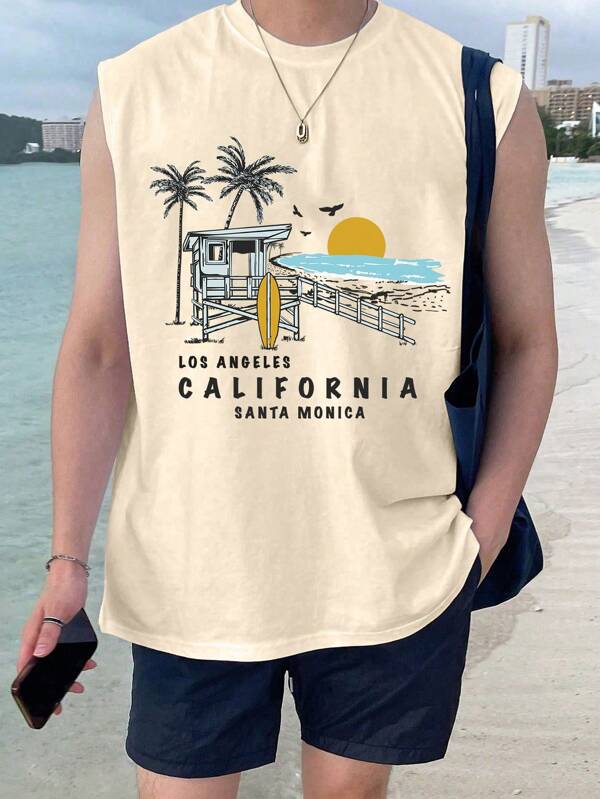 Manfinity Chillmode Men's Tropical & Letter Printed Sleeveless Tank Top, Vacation Style For Summer
