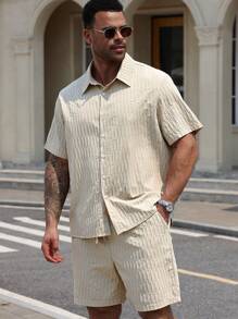 Manfinity Homme Plus Size Men's Solid Color Short Sleeve Single-Breasted Shirt And Shorts Casual Suit - Apricot - View 6