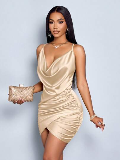 SOLERSUN Elegant Solid Color Draped Collar Backless Ruched Satin Party Bodycon Short Dress