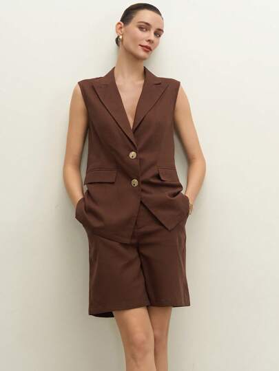 BizChic 女士新款春夏优雅日常/工作/约会/毕业通勤棕色背心套装搭配阔腿短裤两件套，金属纽扣装饰
