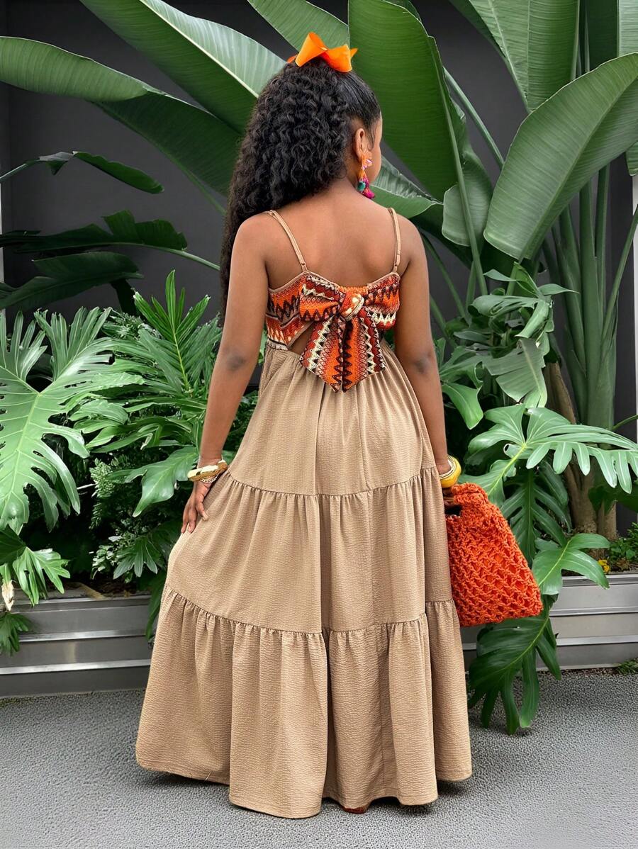 SHEIN Leap Crew Tween Girls' Holiday Casual Woven Splicing Wavy Striped Camisole Dress - Apricot - View 1