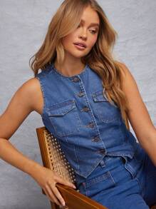 WESTFADE Veste en jean taillée avec encolure ronde, devant boutonné, ourlet fendu, style country western, pour le printemps