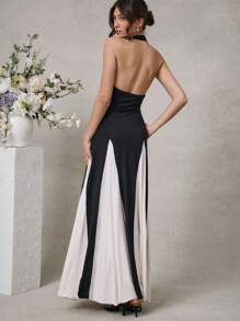 L'Amorae Women Halter Neck Black Maxi Dress With Beige Flares - Black and White - View 2