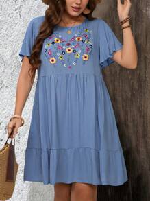 EMERY ROSE 大码女式夏季度假蓝色刺绣连衣裙 - 藍色 - 查看 4