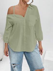 SHEIN Essnce Plus Size Women's Clothing Spring And Summer New Fashion Street Shooting Casual Asymmetrical Shoulder Shirt - Green - View 4
