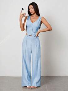 SHEIN PETITE Bộ áo len cardigan không tay và quần âu hai mảnh - Màu xanh nhạt - Xem 7