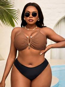 Slaydiva 大码女式纯色金属网眼度假时尚休闲泳衣上衣 - 咖啡棕 - 查看 5