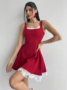 Firerie Spring/Summer Women's Elegant Minimalist Sophisticated Romantic Daily Fashion New Lace Patchwork Hem Contrast Color A-Line Mini Dress, Suitable For Valentine's Day, Party, Vacation, Wine Red - Burgundy - View 4