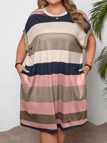 SHEIN CURVE+ Plus Size Women's Casual Striped Color-Block Pattern Round Neck Midi Dress,Summer Outfits For Womenbeach Outfits For Woman/Beach Dress/Beach Vacation Outfits/Beach Essentials / Graduation/Tea Party Dress