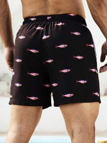 Manfinity KASUA Men's Summer Holiday Fish Print Drawstring Waist Beach Shorts - Black - View 2