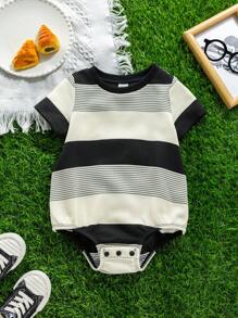 SHEIN 新生男宝宝可爱夏季休闲条纹短袖连体衣 - 彩色 - 查看 1