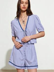 Casual & Vacation Versatile Oversized V-Neck Puff Sleeve Blouse & Loose Striped Fabric Ruffle Trim Shorts 2 Pieces Set For Women - Multicolor - View 1