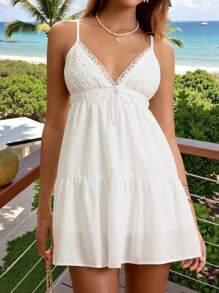 SHEIN Unity Women's Casual Vacation Versatile Fashion Daily Solid Color Lace Patchwork Embroidery V-Neck Slip Dress, Spring/Summer - White - View 6