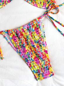 SHEIN Swim Random Print Ruched Keyhole Front Tankini Top & Belted Swim Bottoms Women Summer Beach Holiday Spaghetti Strap Bikini Set - Multicolor - View 5