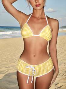Sweetina Conjunto de traje de baño de mujer para verano con top halter y decoración anudada a juego con shorts de baño,atuendo playero de vacaciones - Mostaza Amarilla - Ver 1
