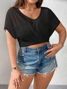 SHEIN Essnce Plus-Size Women's Out Tops, Beach Wear, See-Through Smocks, Summer Beach Wear, Going Out Tops Concert Rave Festival