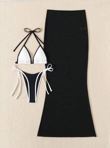 Swim Chiccia Set de 3 piezas Bikini para mujer sexy con top de triángulo micro estilo halter y Bottom de triángulo con atar a los lados y falda pareo larga - Blanco y Negro - Ver 6