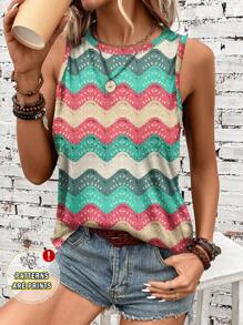 Knitting-Inspired Colorful Pattern Plus Size Casual Camisole And Tank Top, Suitable For Music Festivals, Summer - Multicolor - View 1