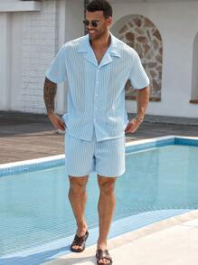 Manfinity RSRT Plus Size Men 2pcs Set Solid Color Short Sleeve Single-Breasted Shirt And Shorts - Blue - View 5