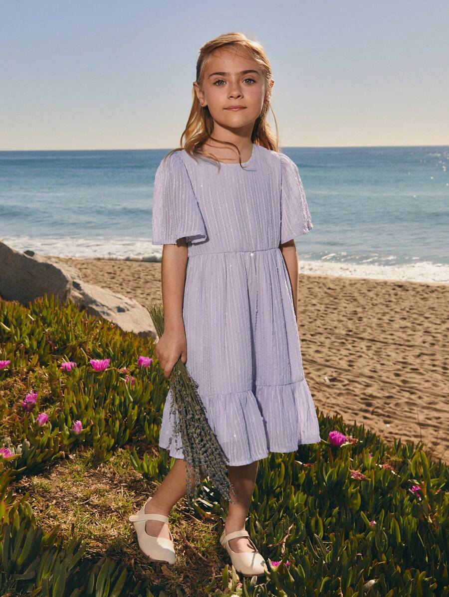 SHEIN Robe courte élégante en mousseline de soie violette à fleurs découpées pour jeunes filles, printemps/été