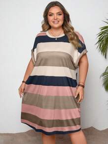 SHEIN CURVE+ Plus Size Women's Casual Striped Color-Block Pattern Round Neck Midi Dress,Summer Outfits For Womenbeach Outfits For Woman/Beach Dress/Beach Vacation Outfits/Beach Essentials / Graduation/Tea Party Dress