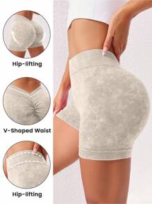 Slayform Shorts deportivos mate para mujer con cintura fruncida, sexy, levantador, yoga y ejercicio, elásticos y cómodos - Caqui - Ver 2