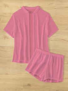 Swim Basics 2pcs/Set Women Solid Color Short Sleeve Top And Elastic Waist Shorts With Cover Up For Summer Beach Vacation - Pink - View 8