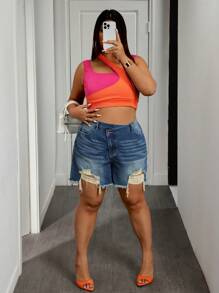 SHEIN SXY Plus Size Summer Casual Washed Distressed Frayed Hem Denim Shorts - Blue - View 7