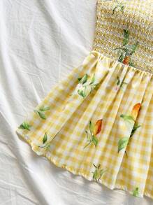 Soleia 女式夏季假期黄色格子全身柠檬印花系带荷叶边肩部下摆休闲返校衬衫 - 黃色 - 查看 5