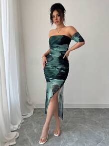 Elenzga 女士优雅露肩扎染开衩修身连衣裙，秋季长款女装 - 軍綠色 - 查看 3