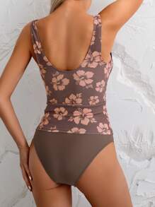 Swim Lushoire Swim Chicsea 女士随机印花吊带比基尼上衣和纯色下装套装 - 咖啡棕 - 查看 2