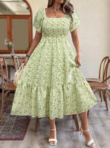 EMERY ROSE Plus Size Vacation/Leisure Ditsy Floral Print Dress With Cinched Waist Maxi Women Outfit