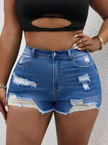 SHEIN SXY Casual Fashionable Versatile Washed Ripped Elastic Denim Shorts - Medium Wash - View 1