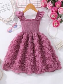 Glamorique Kids Young Girl' Solid Color Ruffled Floral Splice Elegant Sleeveless Dress, Summer Summer Holiday
