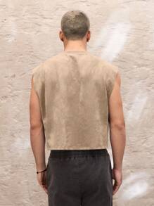 SWAVVY Men's Vintage Knit Casual Loose Sleeveless Short Cut Tank Top, For Fall - Khaki - View 2