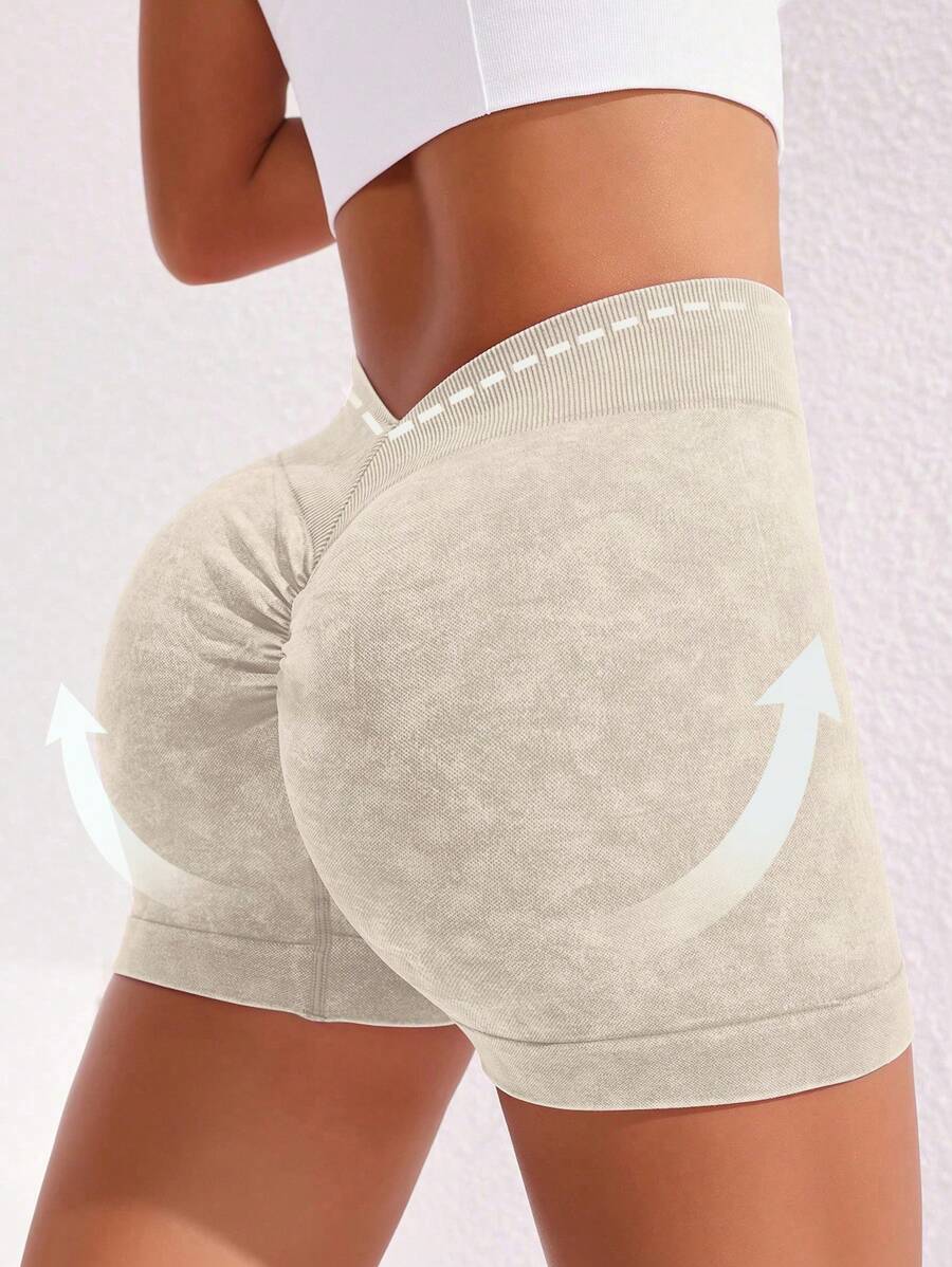 Slayform Shorts deportivos mate para mujer con cintura fruncida, sexy, levantador, yoga y ejercicio, elásticos y cómodos - Caqui - Ver 1
